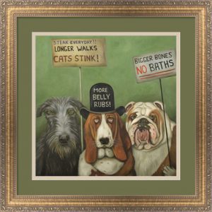 Dogs On Strike by Leah Saulnier, framed in Slim Gold and Gray with Ornate Floral Detail 