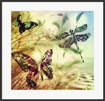 A pair of butterflies and a dragonfly cavort in "Down by Misty Creek" by Mindy Sommers