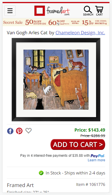 FramedArt.com mobile view of the product detail page with so