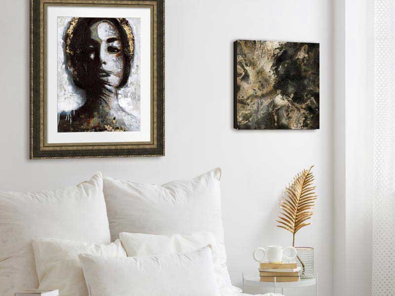 black and gold glamorous art in a bedroom