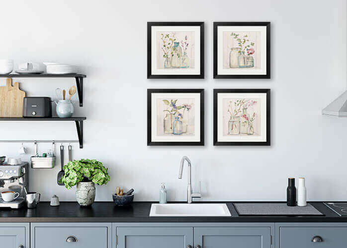 kitchen with 4 piece framed wall art set