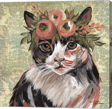 Framed Cat with Floral Crown Print