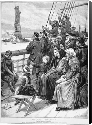 Framed Group Of Arriving Immigrants Huddled On Ship Deck Waving At Statue Of Liberty Print