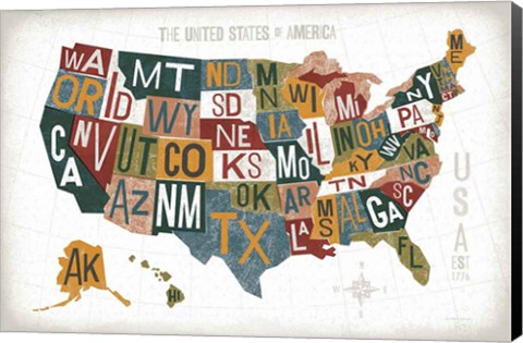 Framed Letterpress USA Map Warm Print