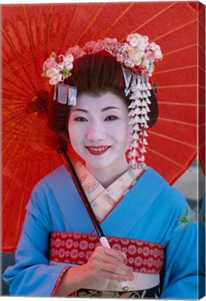 Framed Geisha in Blue with Orange Umbrella Print