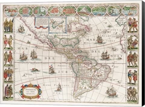 Framed Americae Nova Tabula - Map of North and South America Print