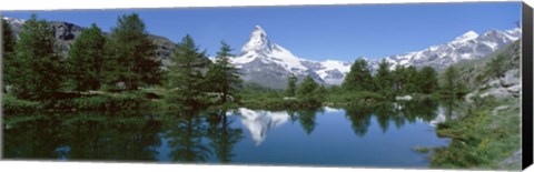 Framed Reflection of a mountain in a lake, Matterhorn, Riffelsee Lake, Pennine Alps, Zermatt, Valley, Switzerland Print