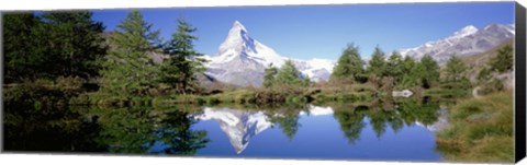 Framed Reflection of trees and mountain in a lake, Matterhorn, Switzerland Print