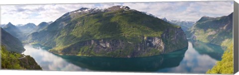 Framed Reflection of mountains in fjord, Geirangerfjord, Sunnmore, Norway Print
