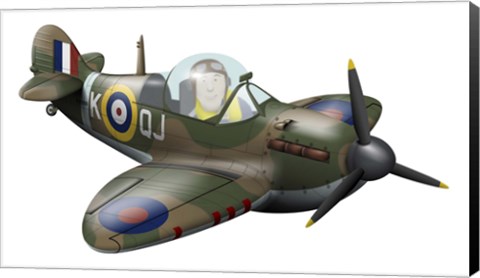 Framed Cartoon illustration of a Royal Air Force Supermarine Spitfire Print