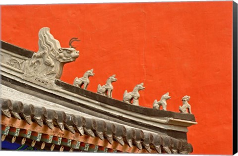 Framed Rooftop figures and colorful wall, Forbidden City, Beijing, China Print