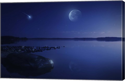 Framed Starry sky, moon and falling meteorite over a lake, Finland Print