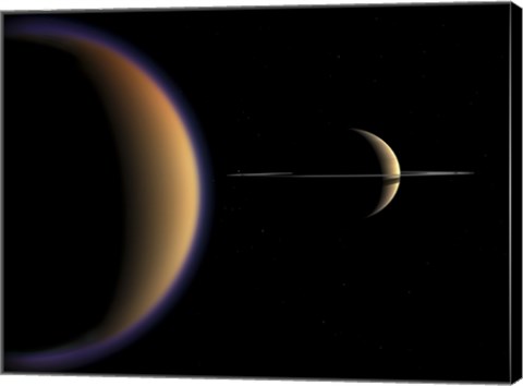 Framed Artist&#39;s concept of Saturn and its Moon Titan Print