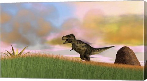 Framed Tyrannosaurus Rex in Grasslands Print