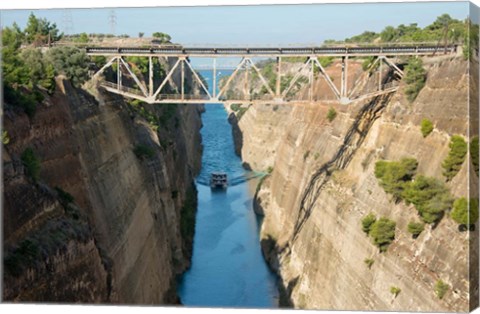 Framed Greece, Corinth Boat in Corinth Canal Print