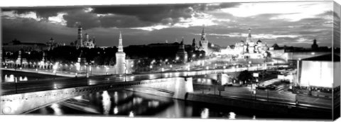 Framed City lit up at night, Red Square, Kremlin, Moscow, Russia BW Print
