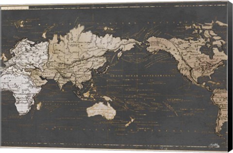Framed World Map in Gold and Gray Print