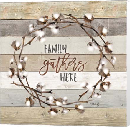 Framed Family Gathers Here Cotton Wreath Print