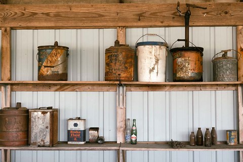 Framed Rusted Antique Metal Cans, Route 66 Print