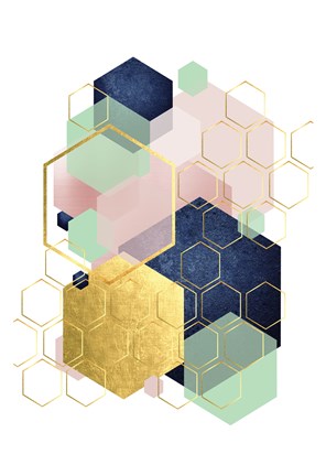 Framed Gold Blush Navy Mint Hexagonal Print