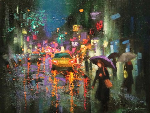 Framed Night Rain in Village Print