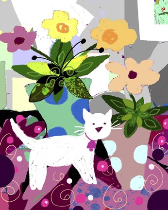 Framed White Kitty And Flowers Print