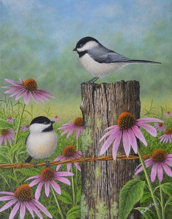 Framed Chickadees and Coneflowers Print