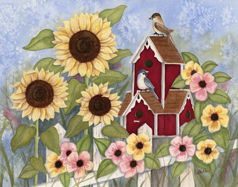 Framed Sunflower Birdhouse Print