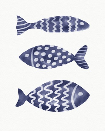 Framed Three Blue Fish on White Print