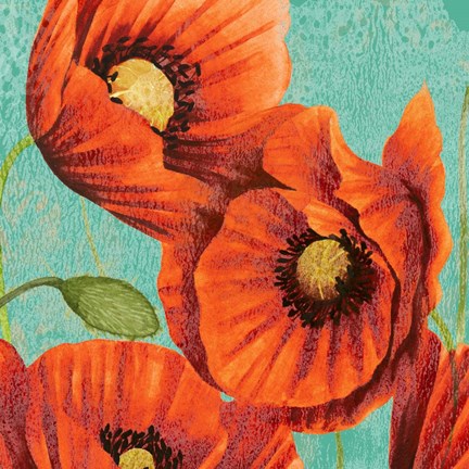 Framed Red Poppies on Teal II Print