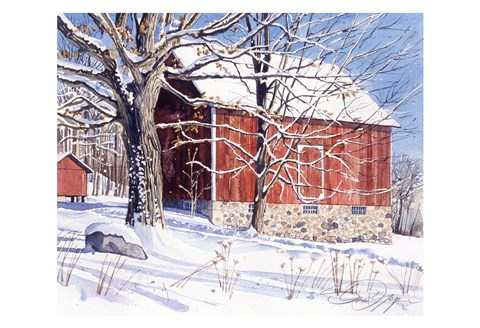 Framed Red Barn in Winter Print