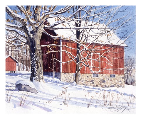 Framed Red Barn in Winter Print