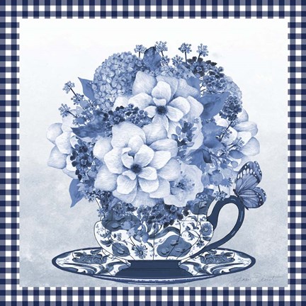 Framed Blue Teacup Bouquet D Print