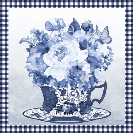 Framed Blue Teacup Bouquet E Print