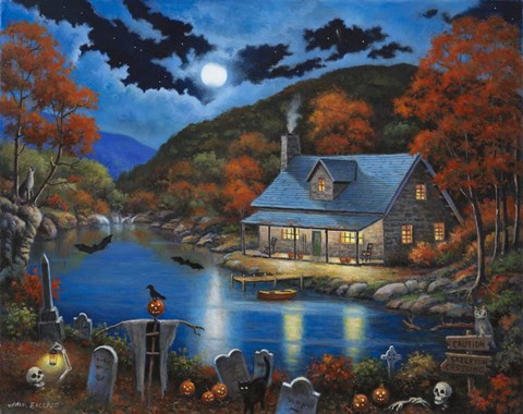 Framed Cabin on Halloween Lake Print