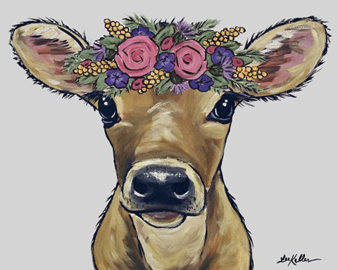 Framed Cow Bambi Flowers Gray Print
