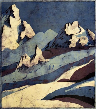 Framed Snowy Mountains in Moon Light Batik Print