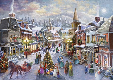 Framed Victorian Christmas Village Print