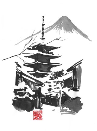 Framed Fuji San And Temple Print