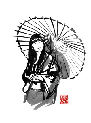 Framed Geisha Under Umbrella Print