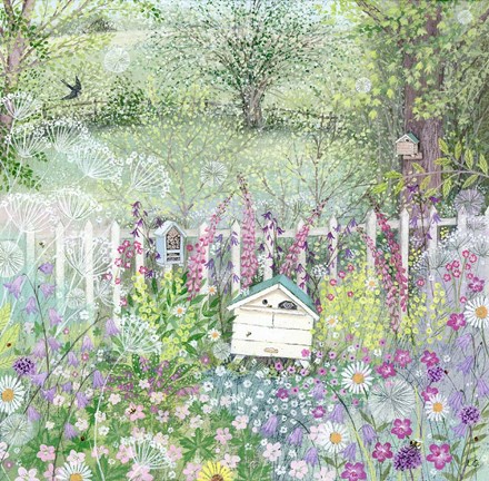 Framed Bumble Bee Hives in a Cottage Garden Print