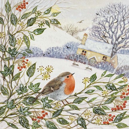 Framed Winter Cottage and Robin Print