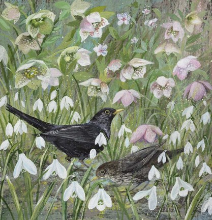 Framed Blackbirds and Spring Flowers Print