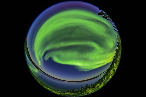 Framed 360 Degree Fish-Eye View of the Northern Lights Over Prelude Lake Print