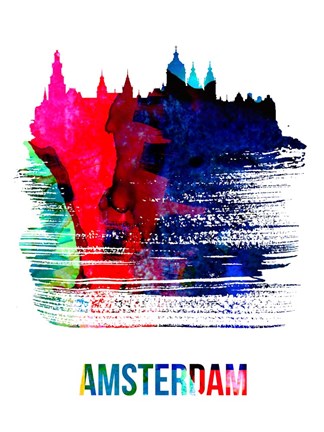 Framed Amsterdam Skyline Brush Stroke Watercolor Print