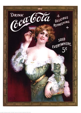 Framed Coca-Cola Lady in Green Dress Print