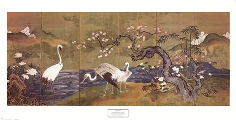 Framed Cranes Along a River Print
