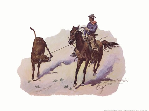 Framed Cowboy Leading Calf Print