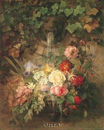 Framed Flowers Under a Lion Fountain Print