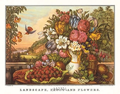 Framed Landscape, Fruit and Flowers Print